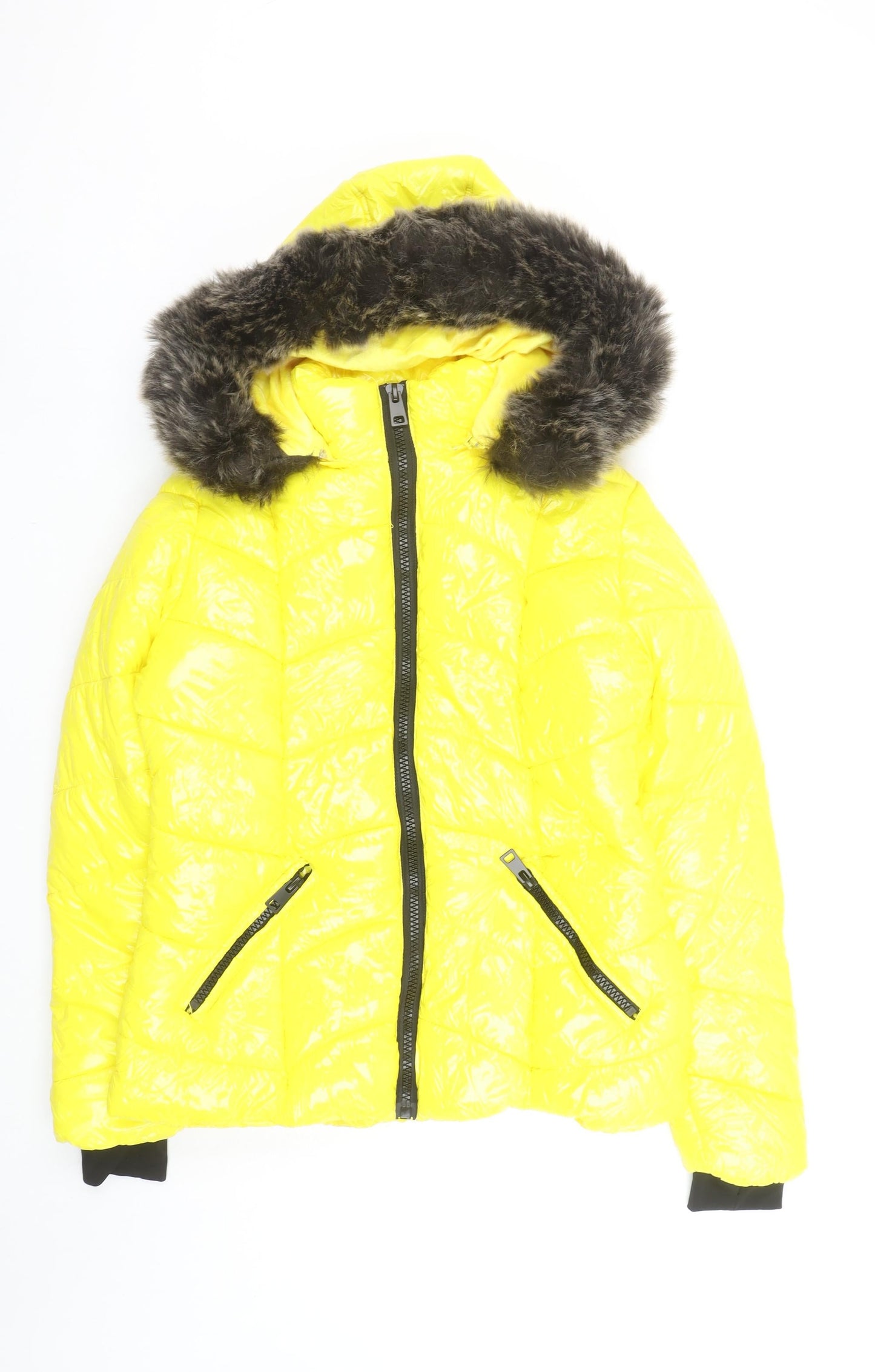 How Dare U Women Yellow Fur Trim Hooded Puffer Jacket Size M Winter Coat