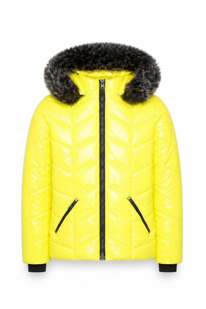 How Dare U Women Yellow Fur Trim Hooded Puffer Jacket Size M Winter Coat