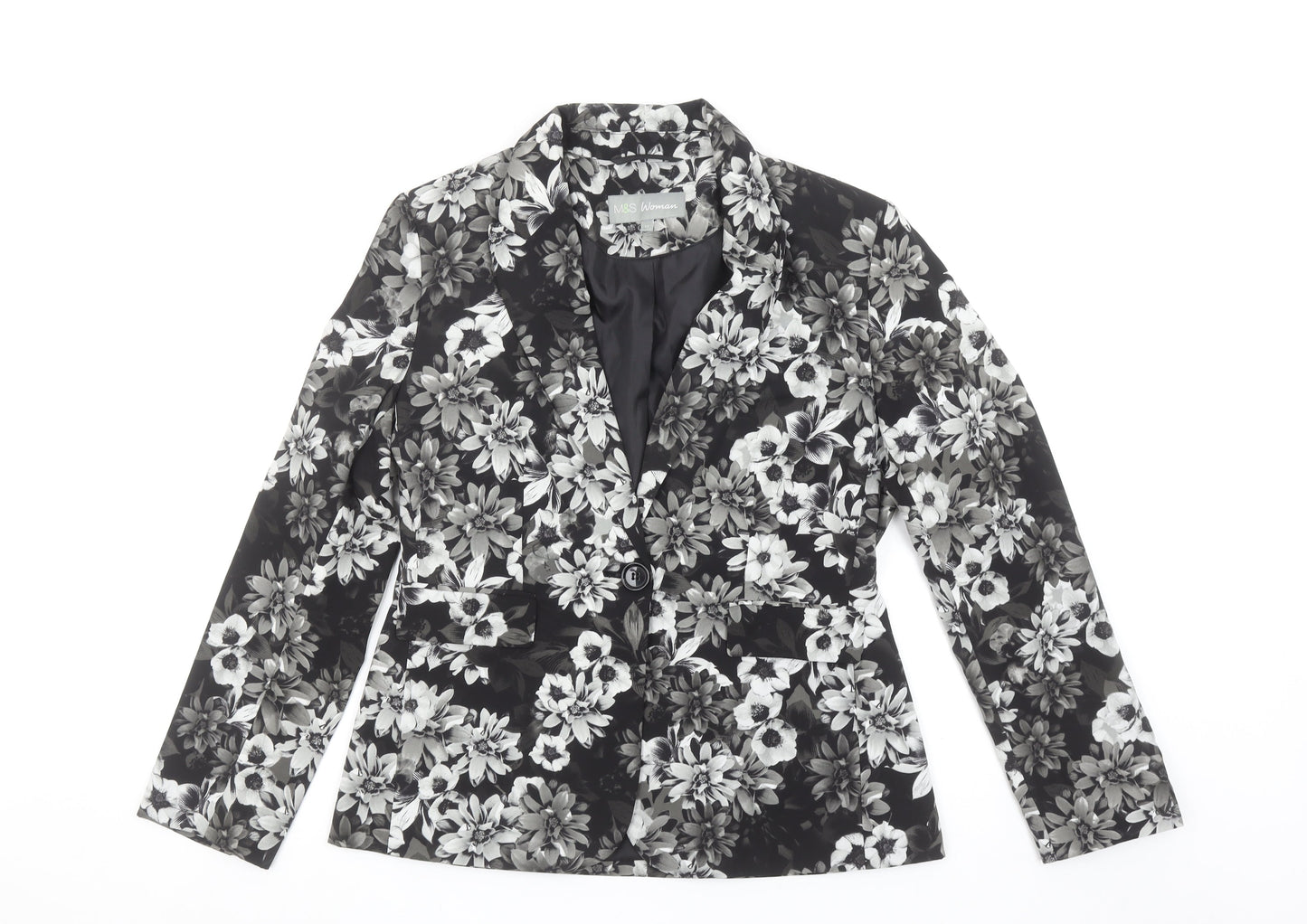 Marks and Spencer Women Grey Floral Blazer UK 12 Regular Fit Single Breasted