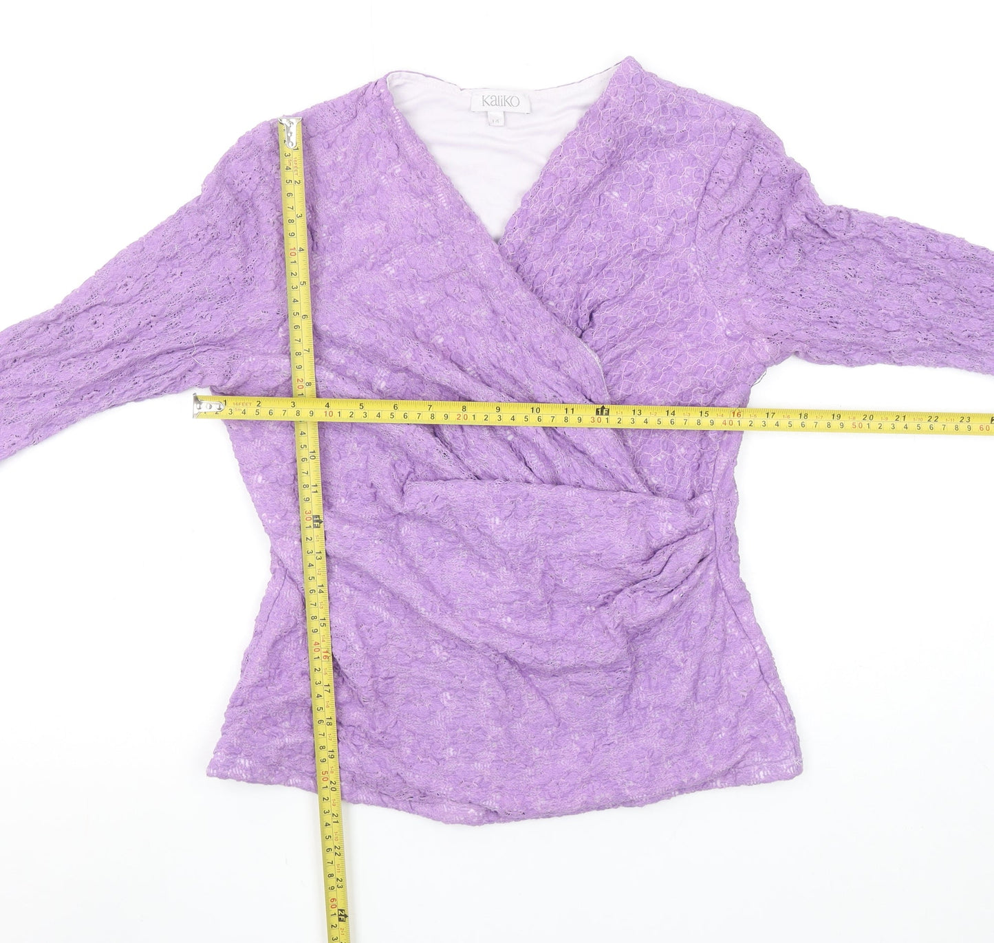 Kaliko Women Purple Lace Wrap Blouse Size 14 3/4 Sleeve