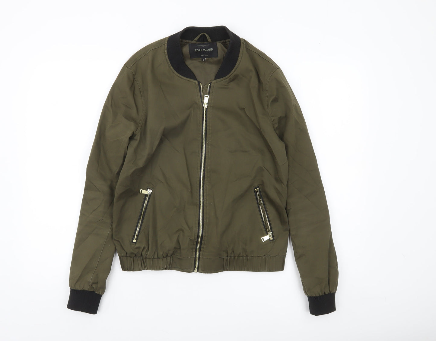 River Island Womens Green Bomber Jacket Size 12 Full Zip Casual