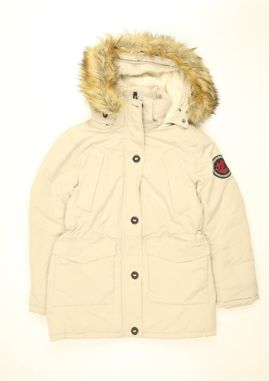 Superdry Women Beige Parka Coat Size 12 Faux Fur Hood Winter Jacket