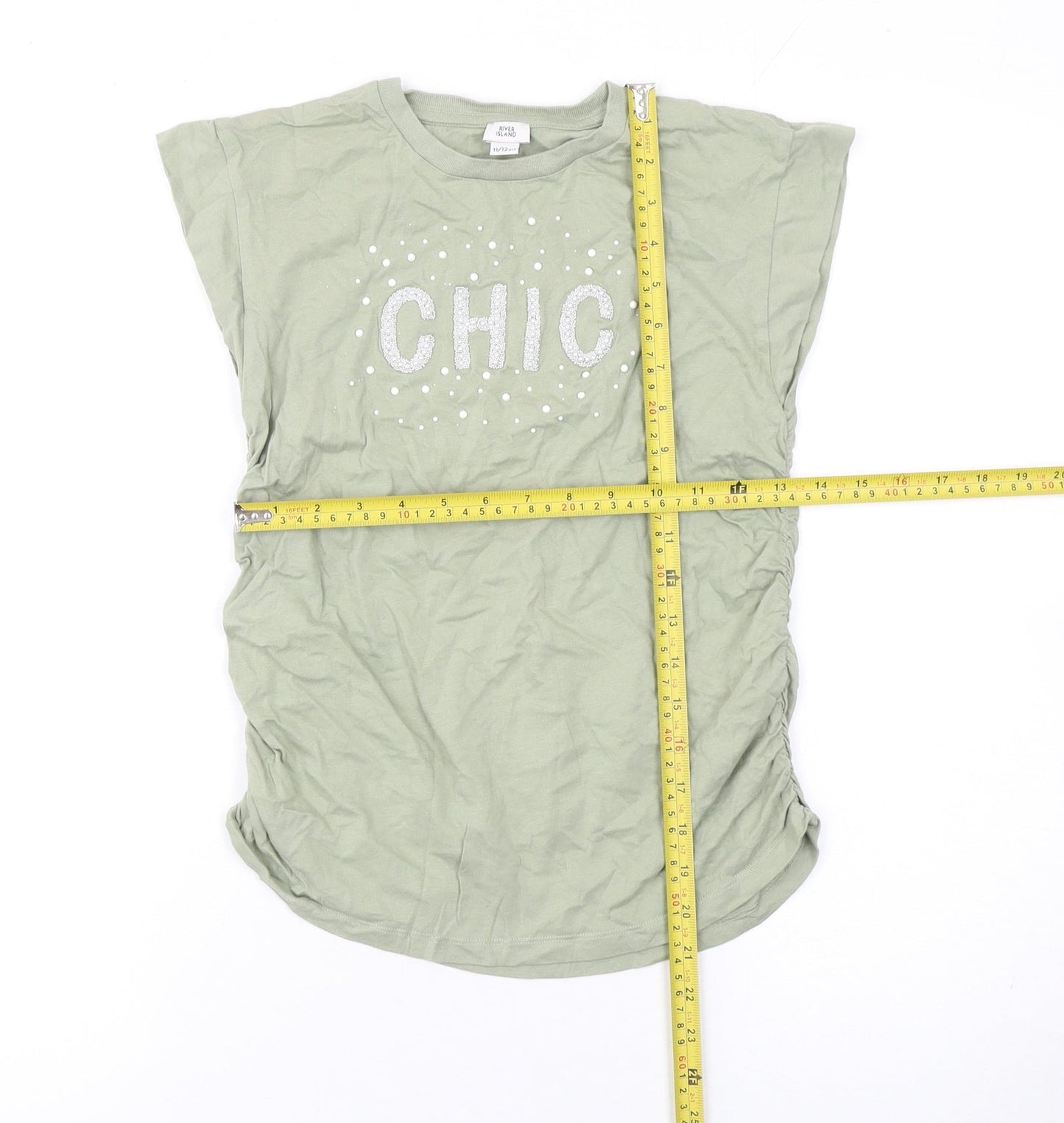 River Island Girls Green Chic Glitter Graphic Cotton T-Shirt 11-12 Years