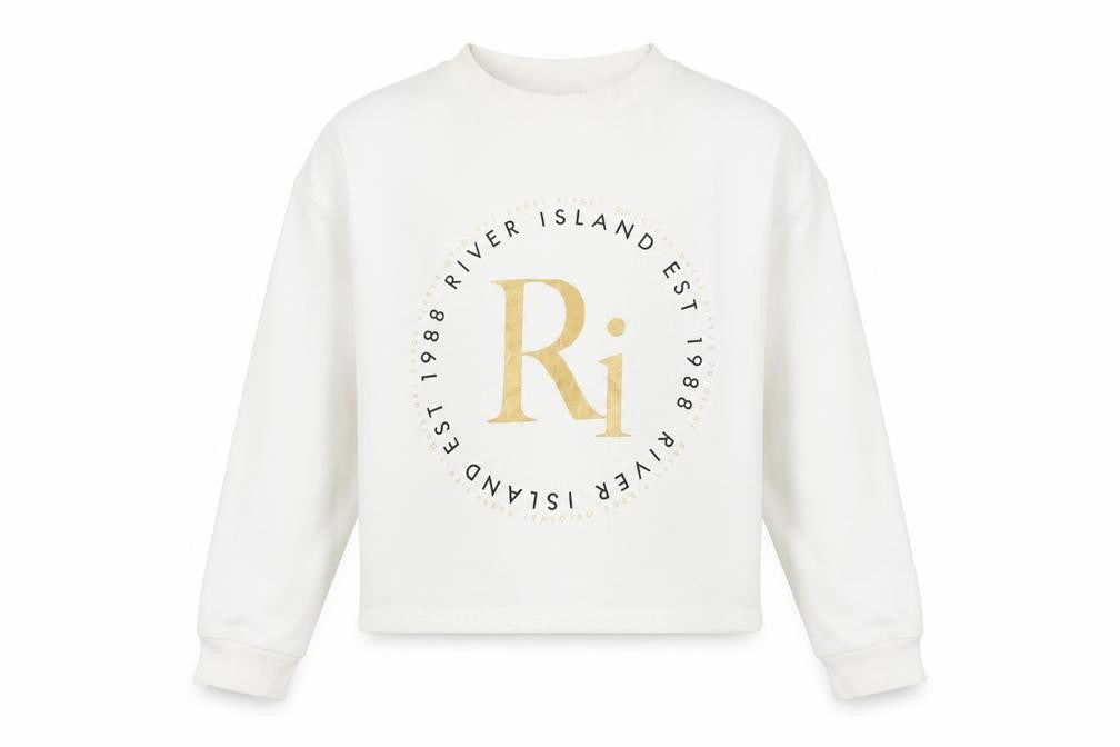 River Island Girls White Gold Logo Sweatshirt 9-10 Years Cotton Blend