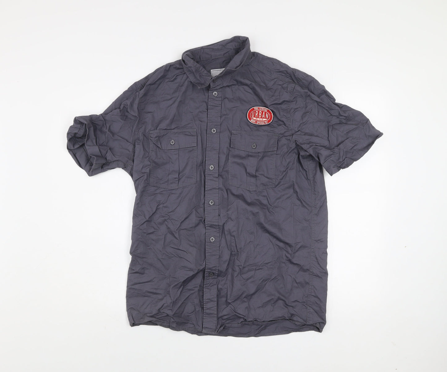 Urban Beach Men’s Grey Cotton Short Sleeve Button-Up Shirt L