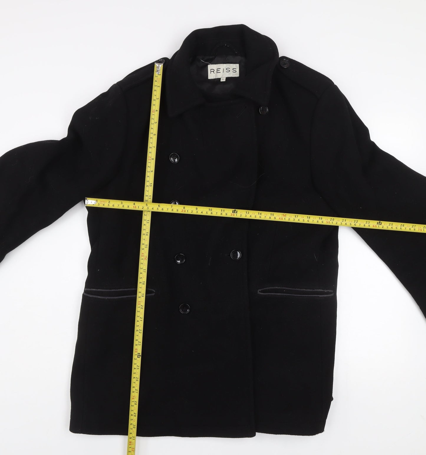 Reiss Men's Black Wool Blend Pea Coat XL Classic Mid-Length