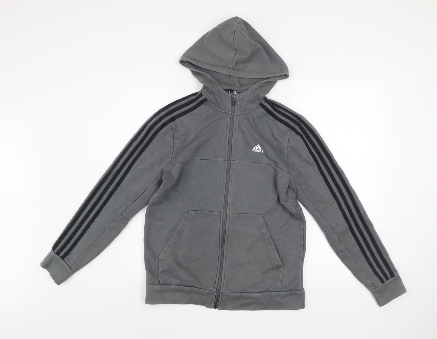 Adidas Boys Grey Hooded Track Jacket 13-14 Years Full Zip Cotton Blend