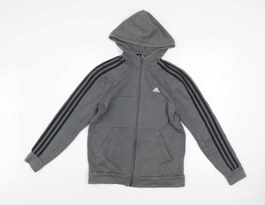 Adidas Boys Grey Hooded Track Jacket 13-14 Years Full Zip Cotton Blend