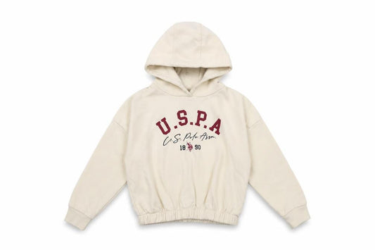 U.S. Polo Assn. Girls Ivory 7-8 Years Pullover Hoodie with Logo Print