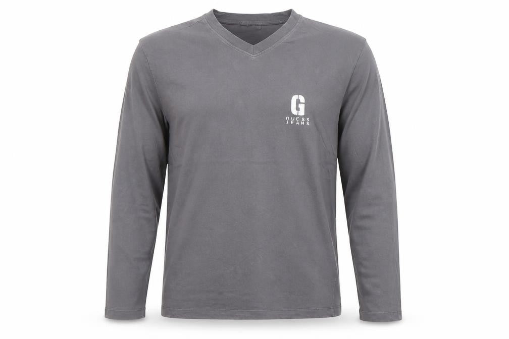 Front view of Guess Men Grey V-Neck Long Sleeve Cotton T-Shirt, size L