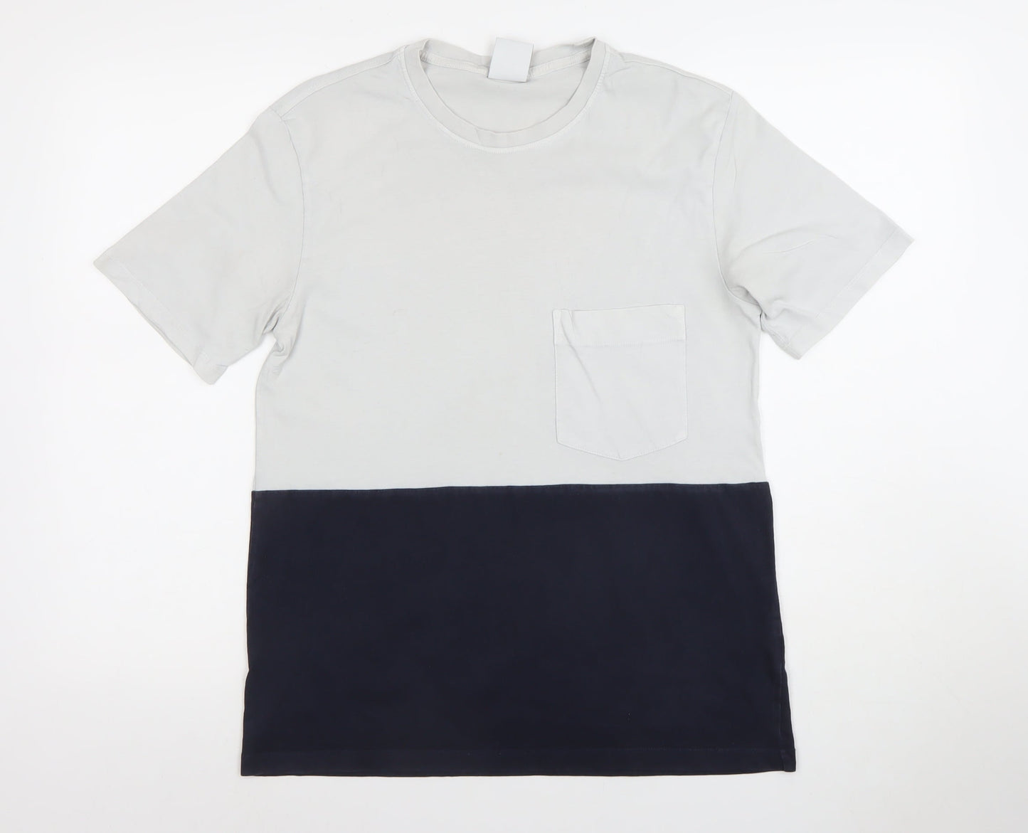 Zara Men Grey Blue Colourblock Cotton Crew Neck T-Shirt Size S