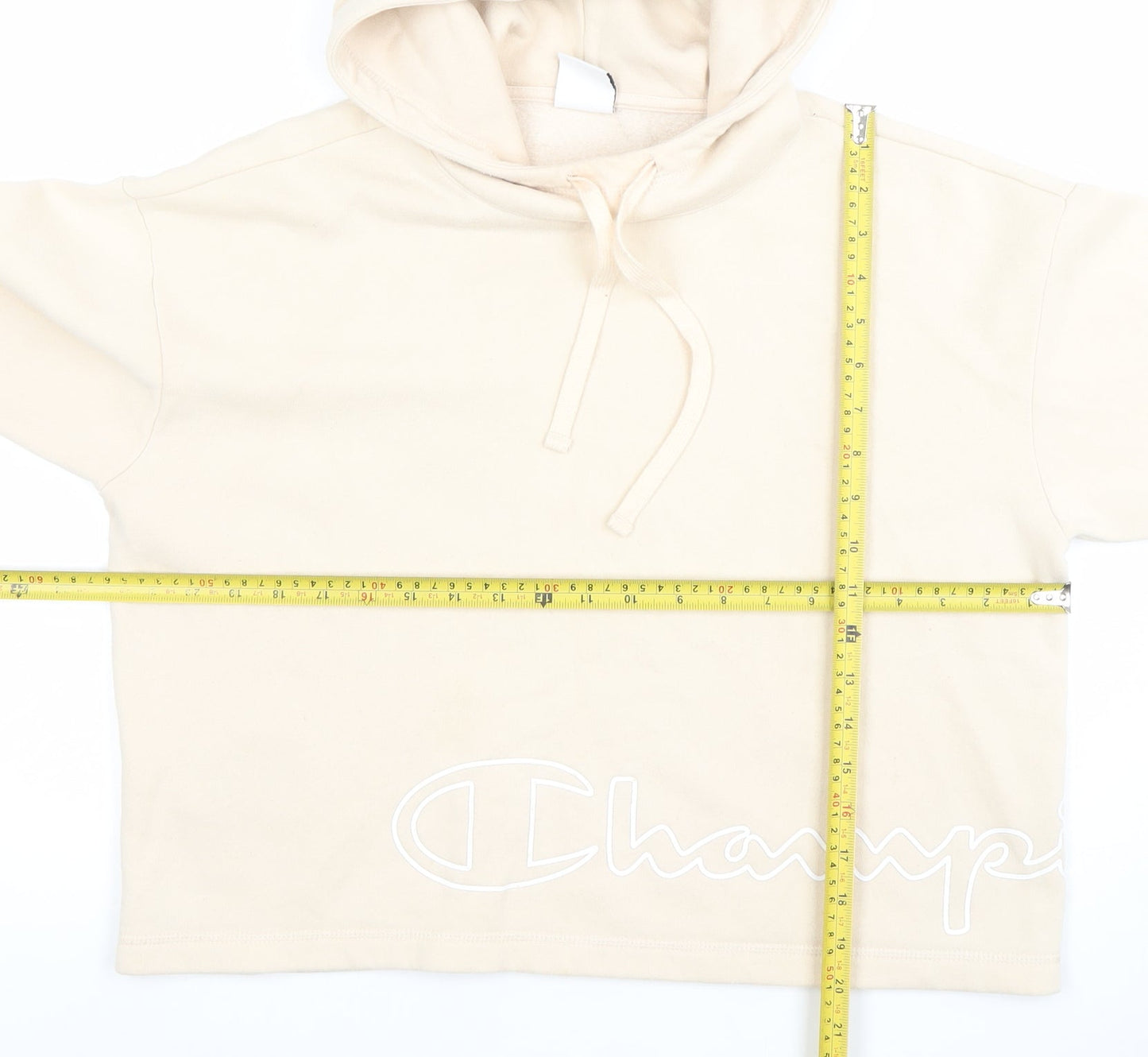 Champion Womens Beige Pullover Hoodie Medium Cotton Blend Logo Casual Sweatshirt