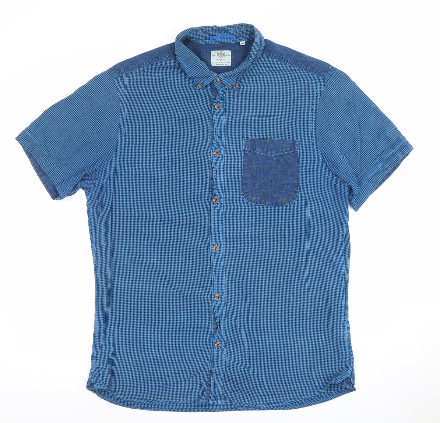 River Island Men's Blue Short Sleeve Button-Up Cotton Shirt M
