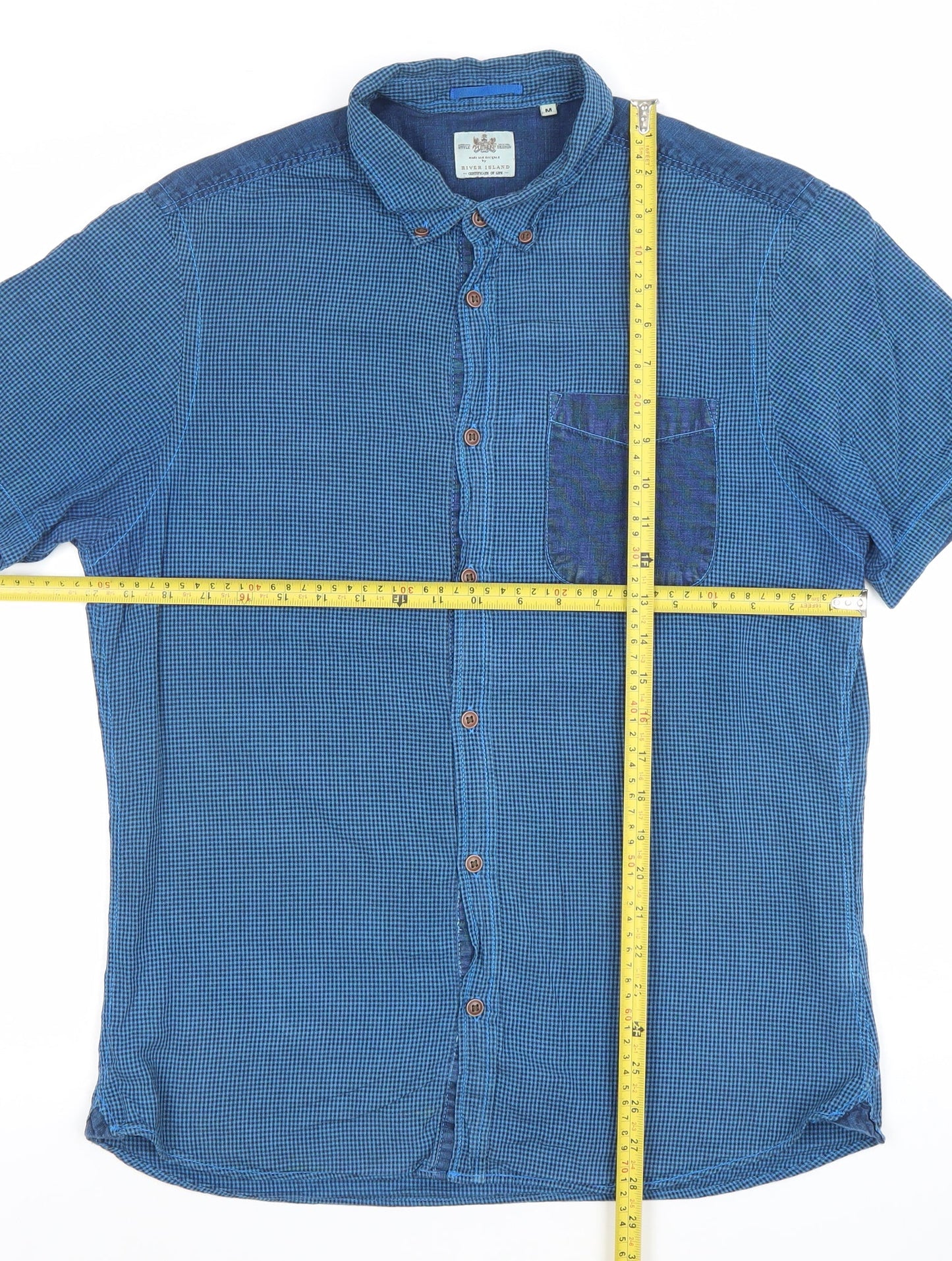 River Island Men's Blue Short Sleeve Button-Up Cotton Shirt M
