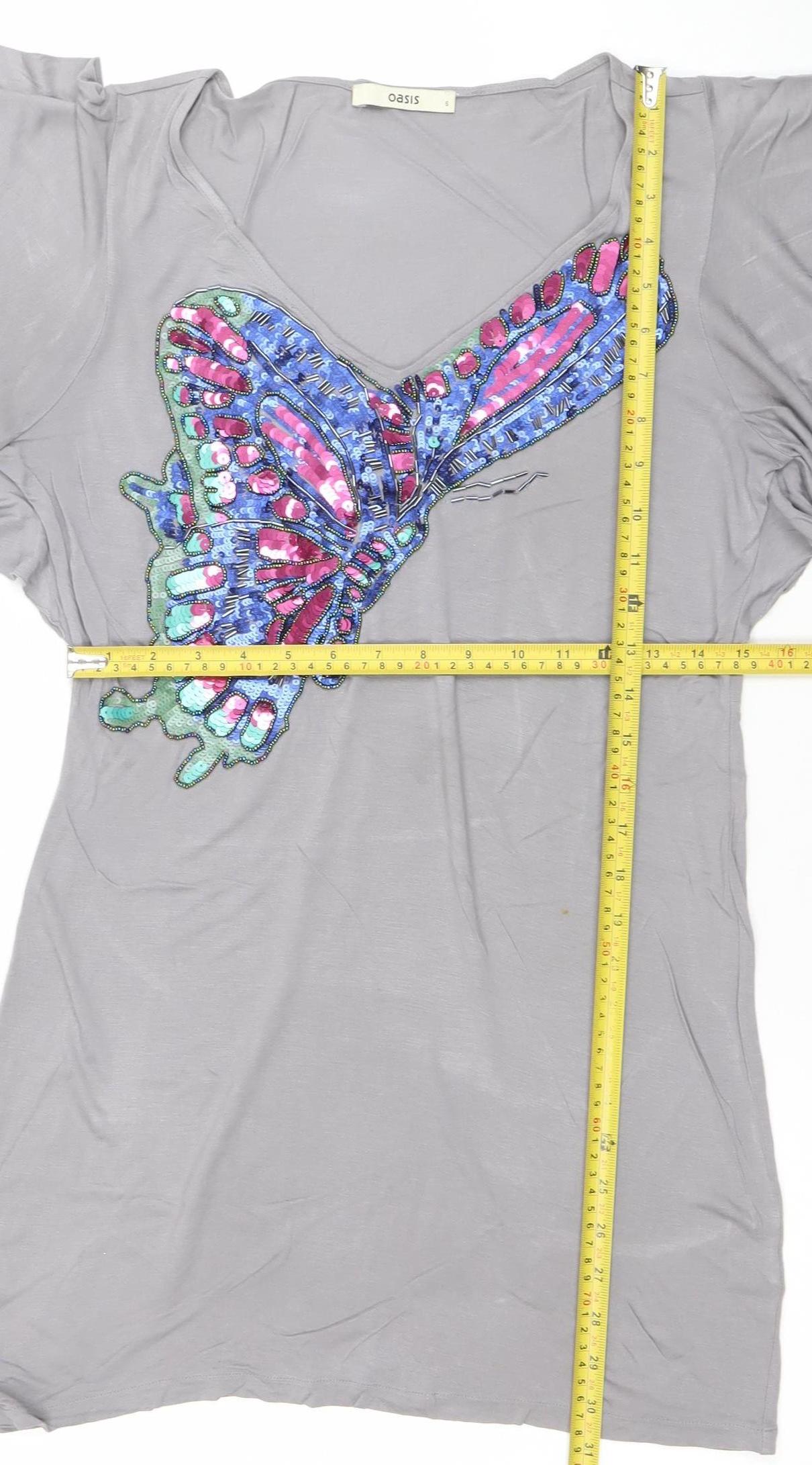 Oasis Women Grey Sequin Butterfly T-Shirt Dress Size S