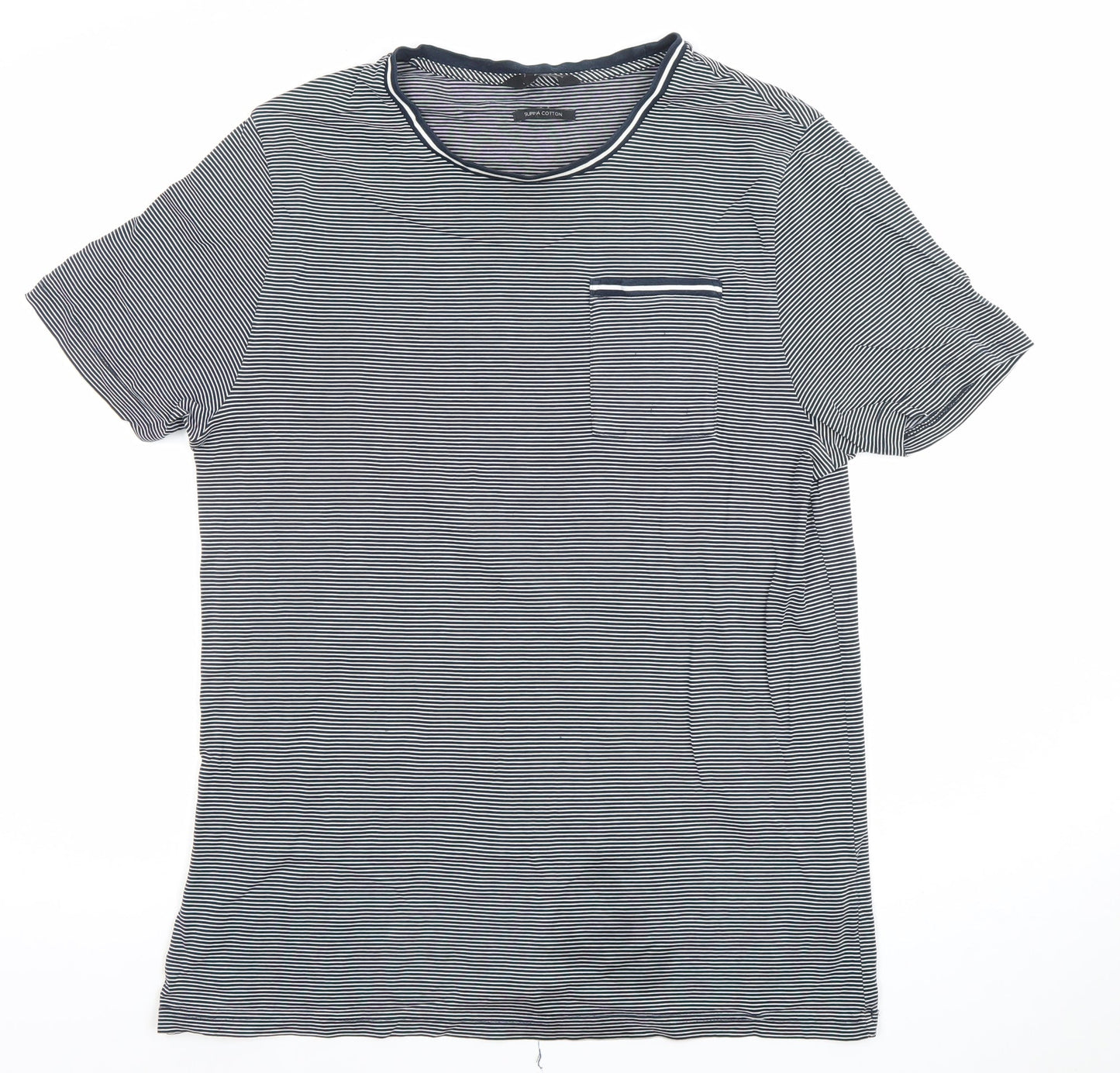 Marks and Spencer Men's Blue Striped Cotton T-Shirt XL Regular Fit