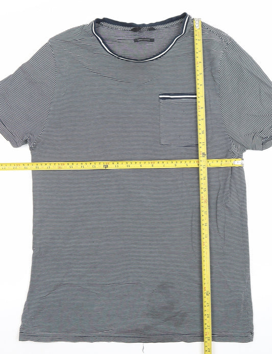Marks and Spencer Men's Blue Striped Cotton T-Shirt XL Regular Fit
