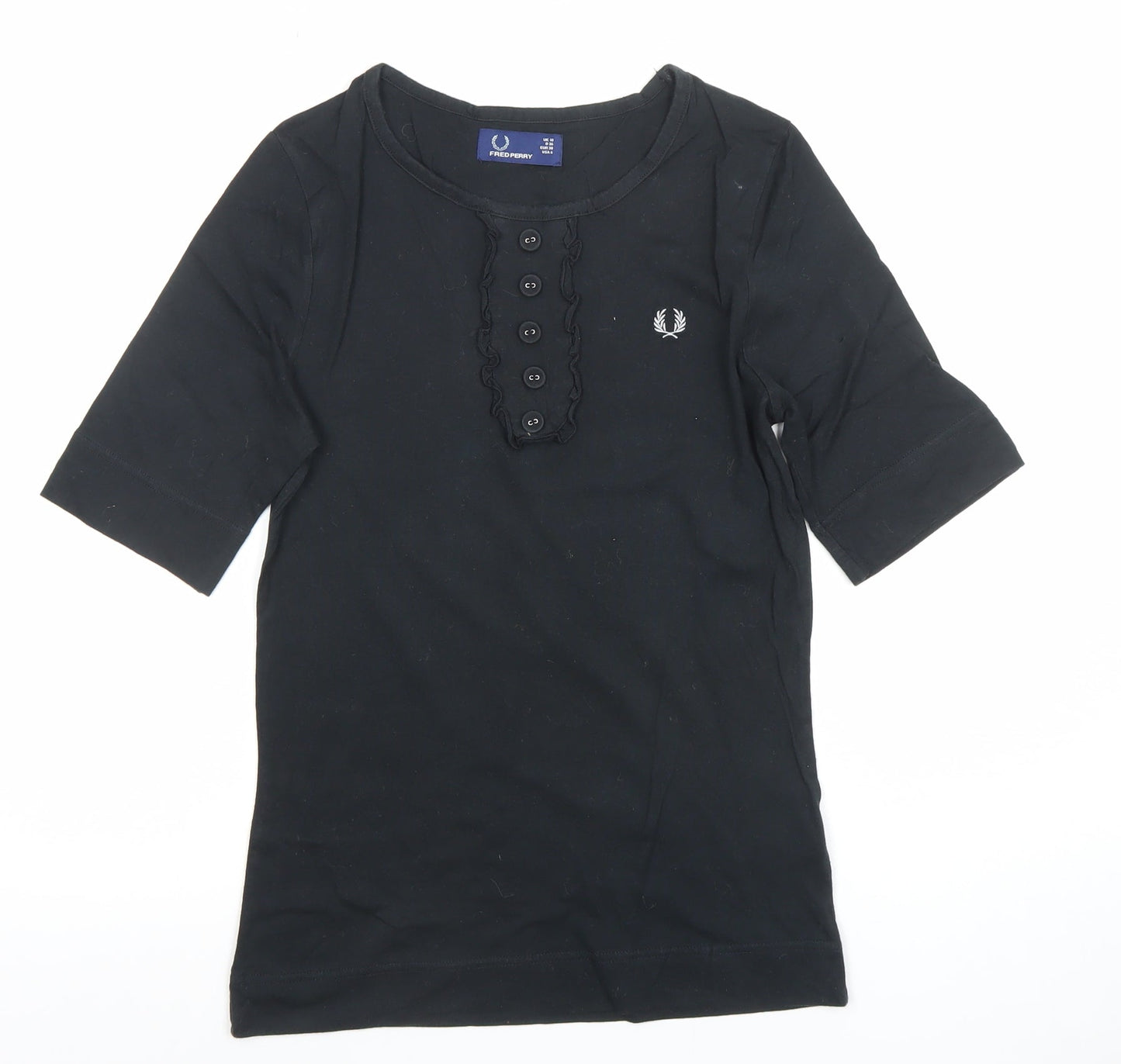 Fred Perry Women's Black Cotton Button Ruffle T-Shirt UK 10