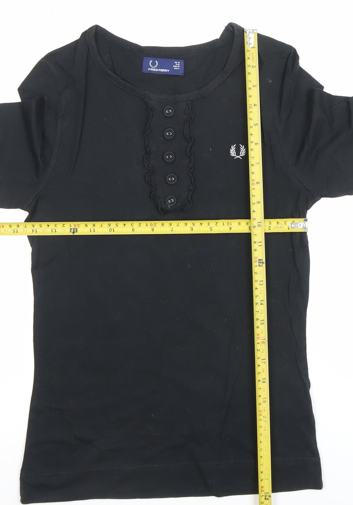 Fred Perry Women's Black Cotton Button Ruffle T-Shirt UK 10