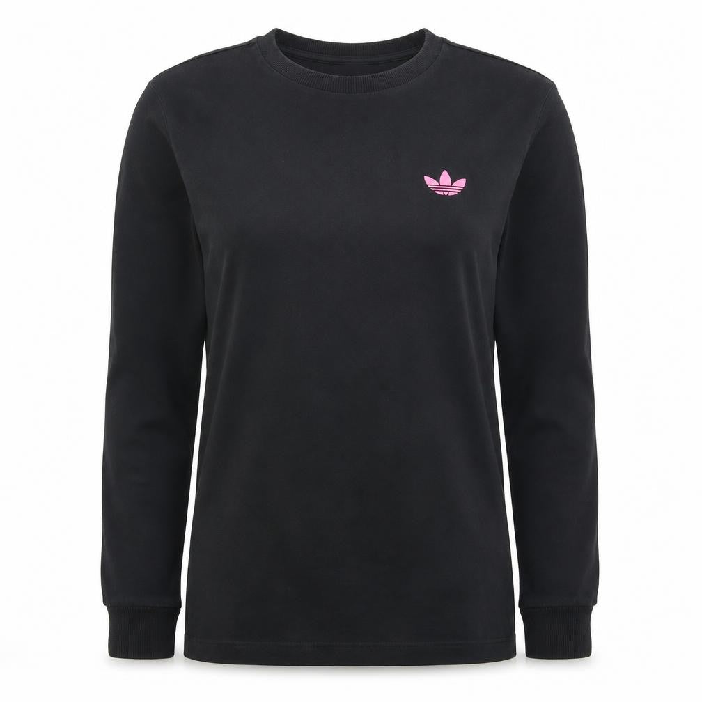 Front view of Adidas women’s black long sleeve crew neck sweatshirt uk 8 cotton logo print