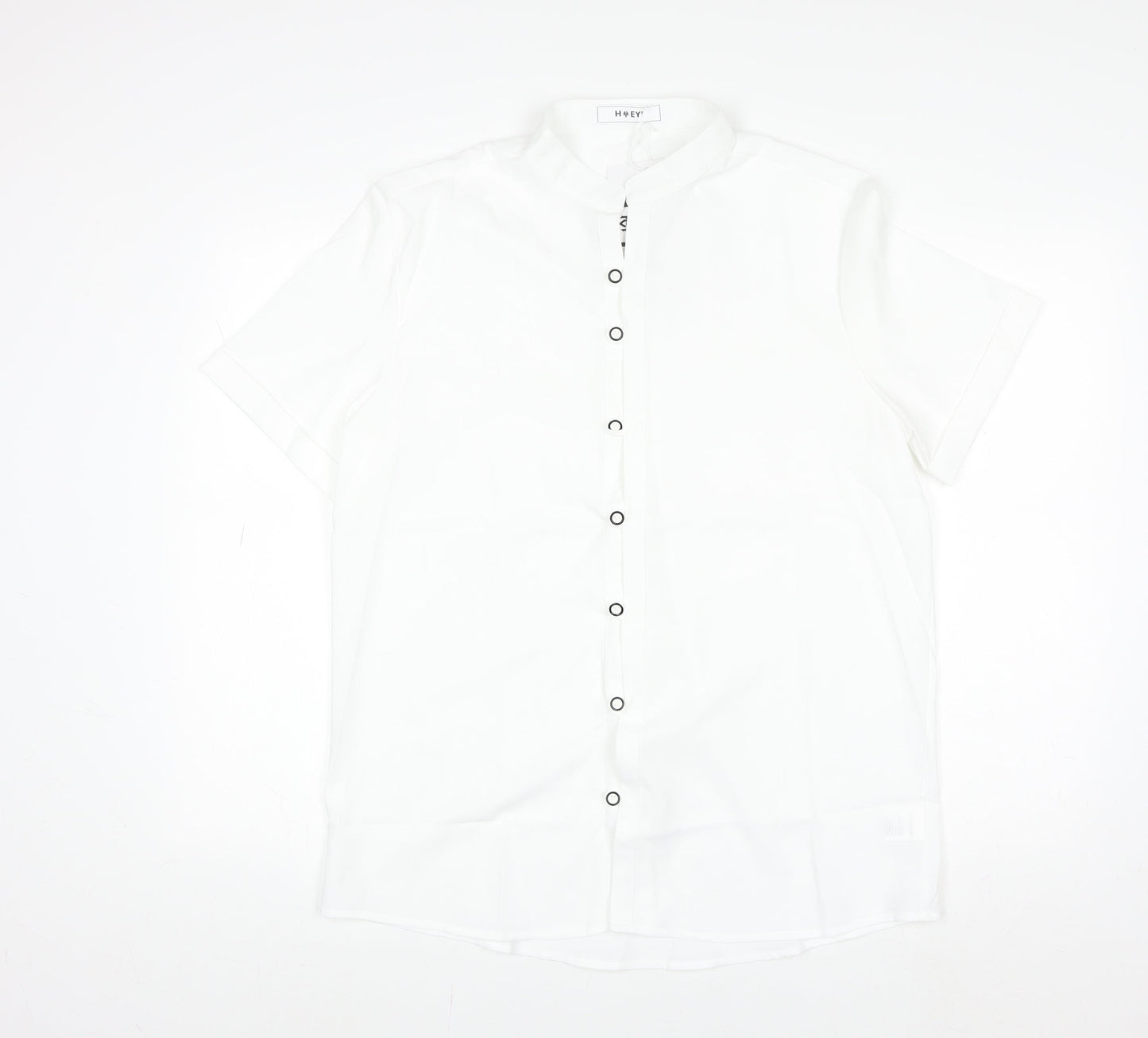 HYEYI Women's White Short Sleeve Button-Up Shirt Medium