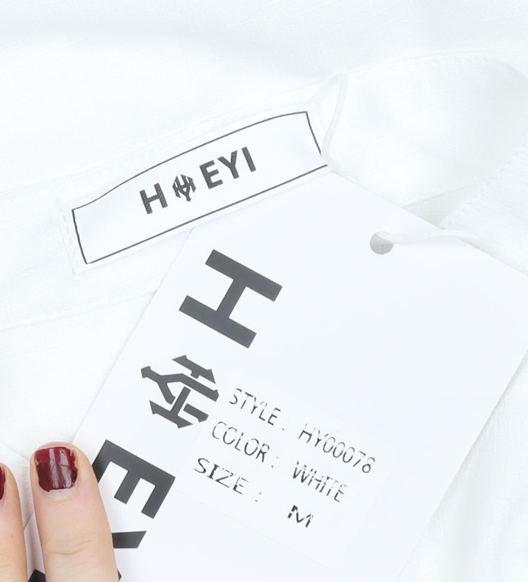 HYEYI Women's White Short Sleeve Button-Up Shirt Medium