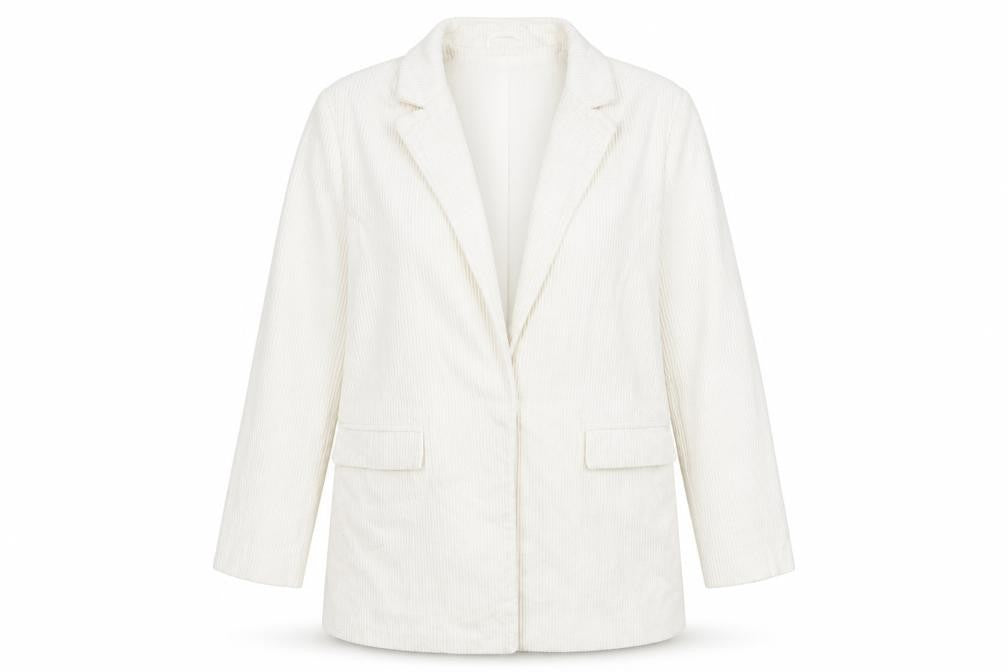 Front view of ASOS Women White Corduroy Long Blazer Jacket UK 12 Lined Cotton