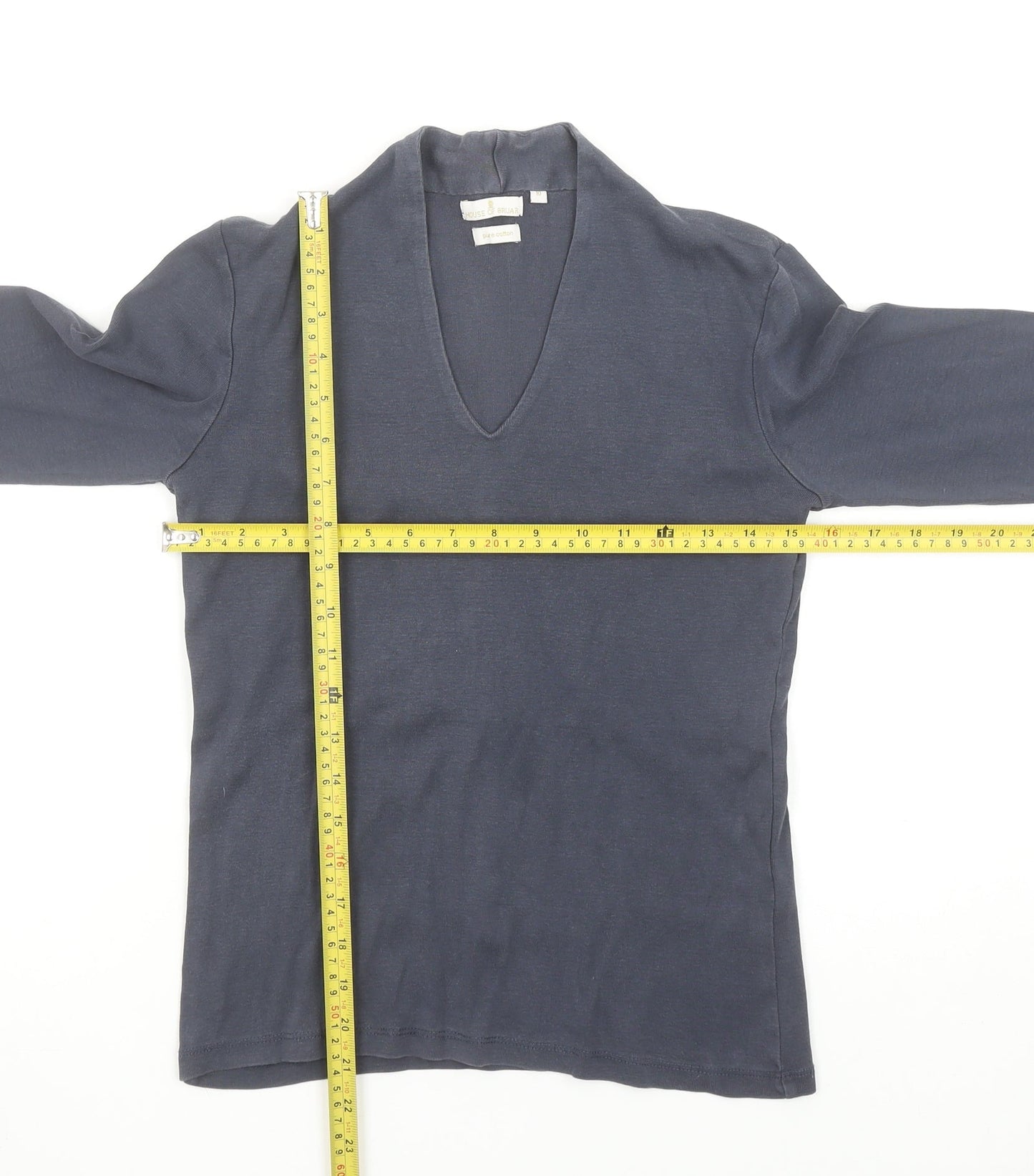 House of Bruar Women's Blue Pure Cotton V-Neck Long Sleeve Top Size 10