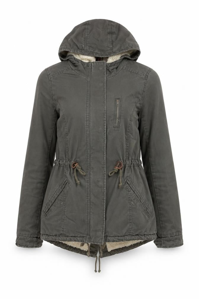 H&M Women’s Green Parka Jacket Size 8 Hooded Lined Mid-Length