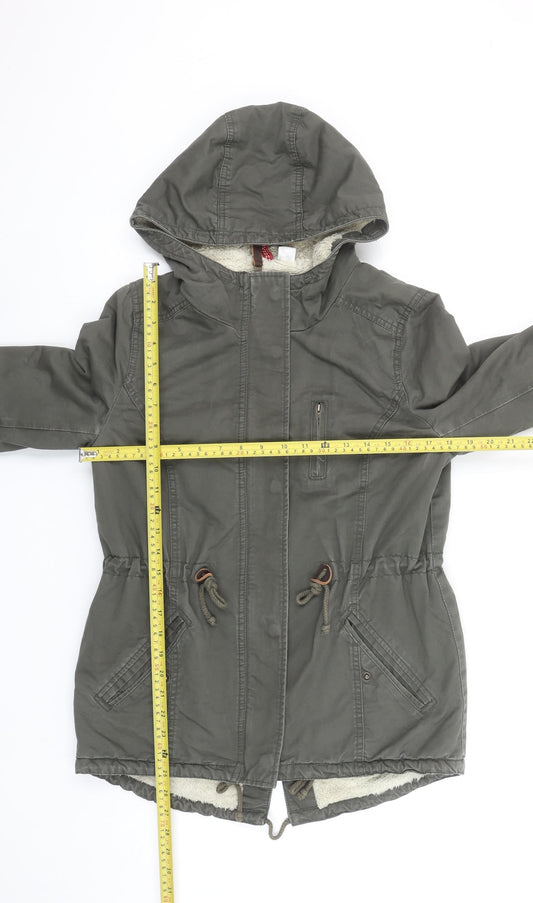 H&M Women’s Green Parka Jacket Size 8 Hooded Lined Mid-Length