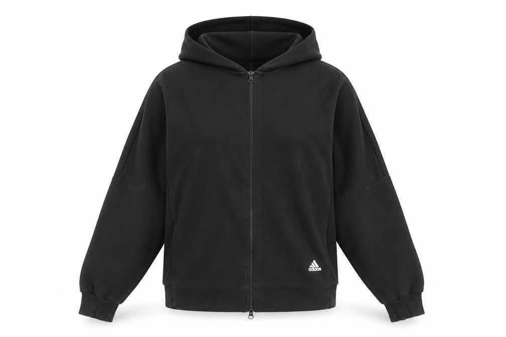 Front view of Adidas Women's Black Full Zip Hoodie, size 12, Cotton Blend