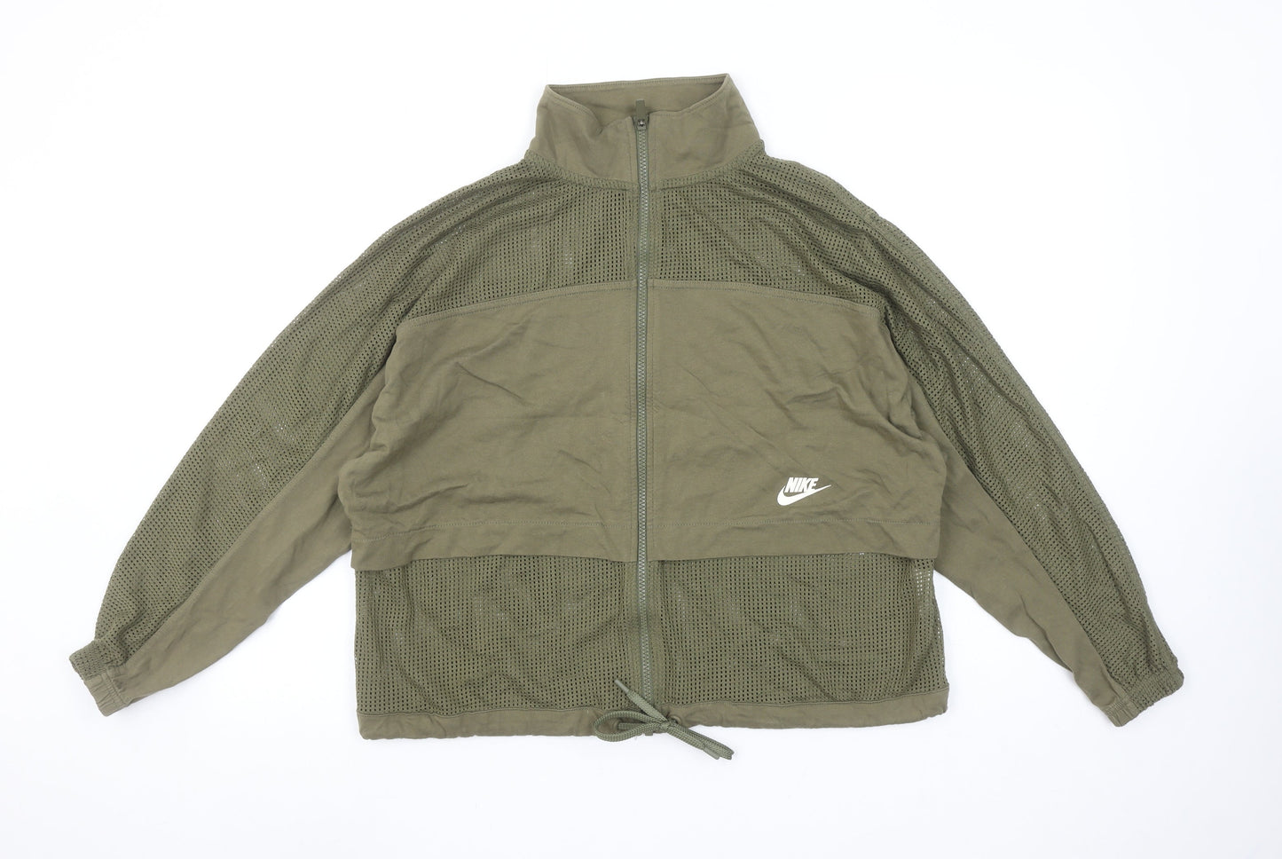 Nike Women Khaki Full Zip Mesh Hoodie L 100% Cotton Sportswear