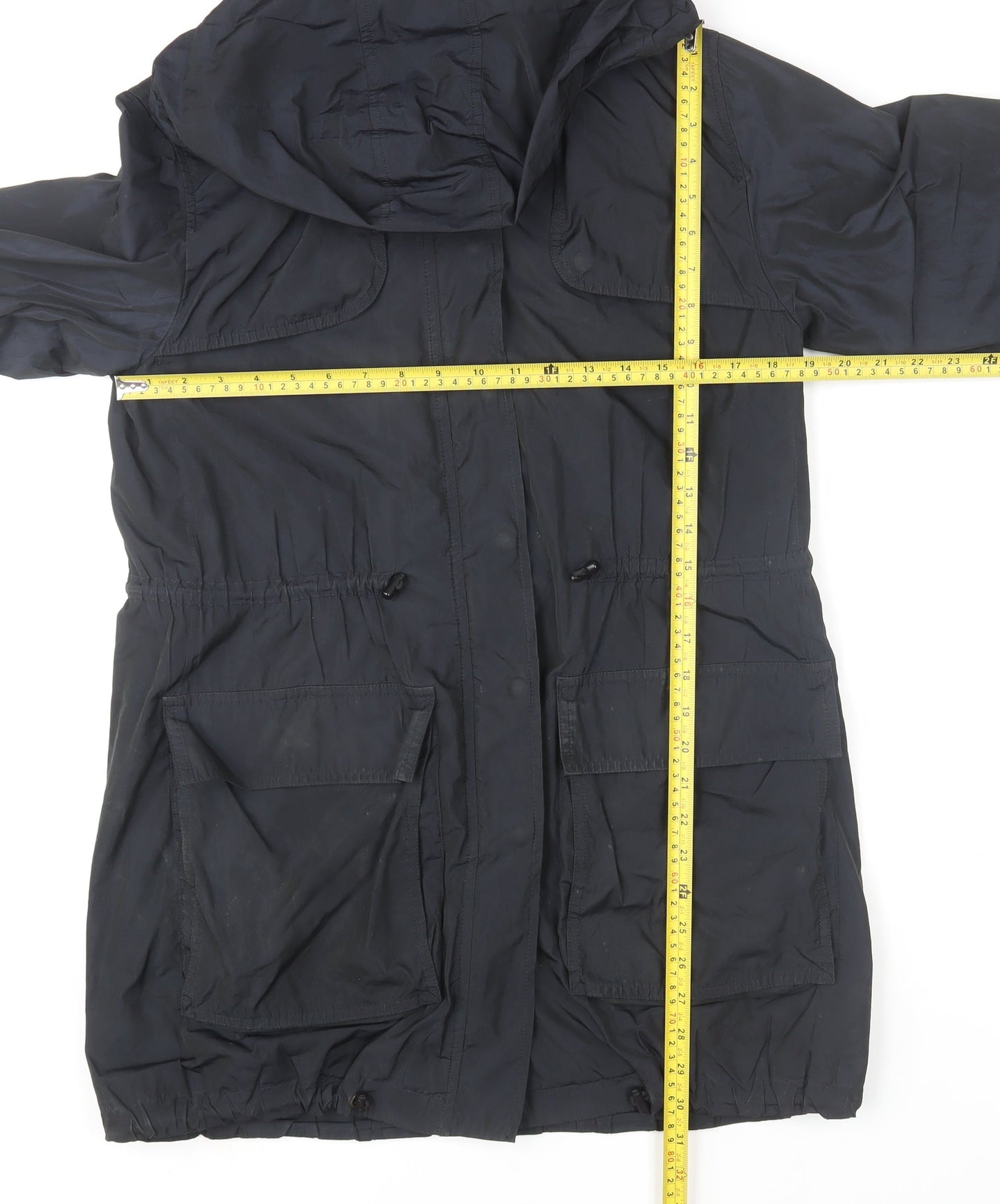 Jigsaw Womens Black Parka Coat S Hooded Longline Drawstring Jacket