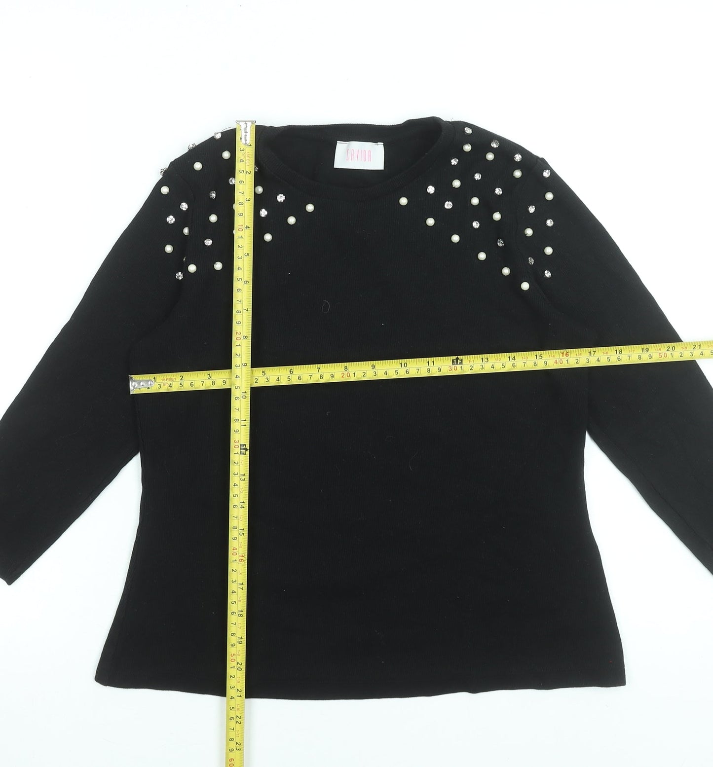 Savida Women Black Beaded 3/4 Sleeve Cotton Stretch Top Size 16