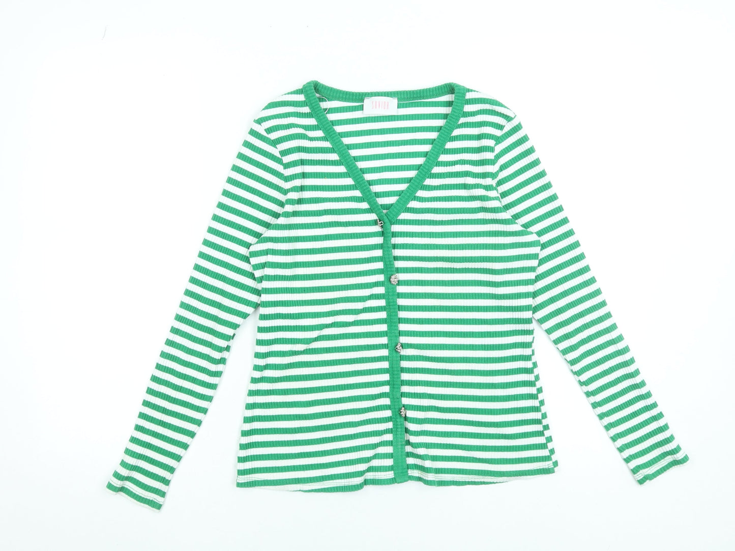Savida Women’s Green White Striped Long Sleeve Button-Up Top Size 14