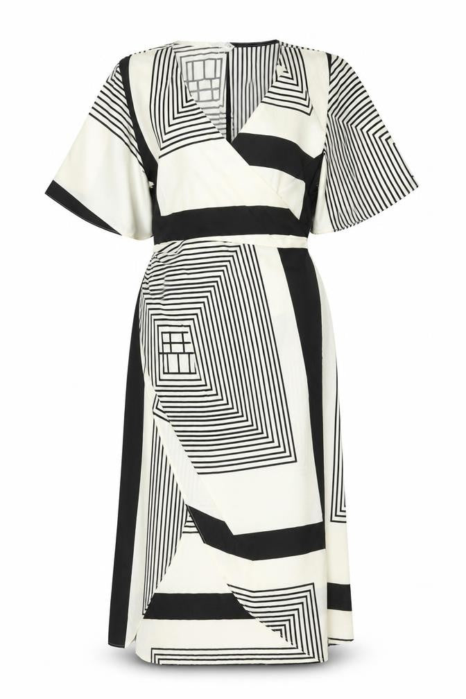 Retro&Icone Women’s Black Geometric Wrap Midi Dress Size L