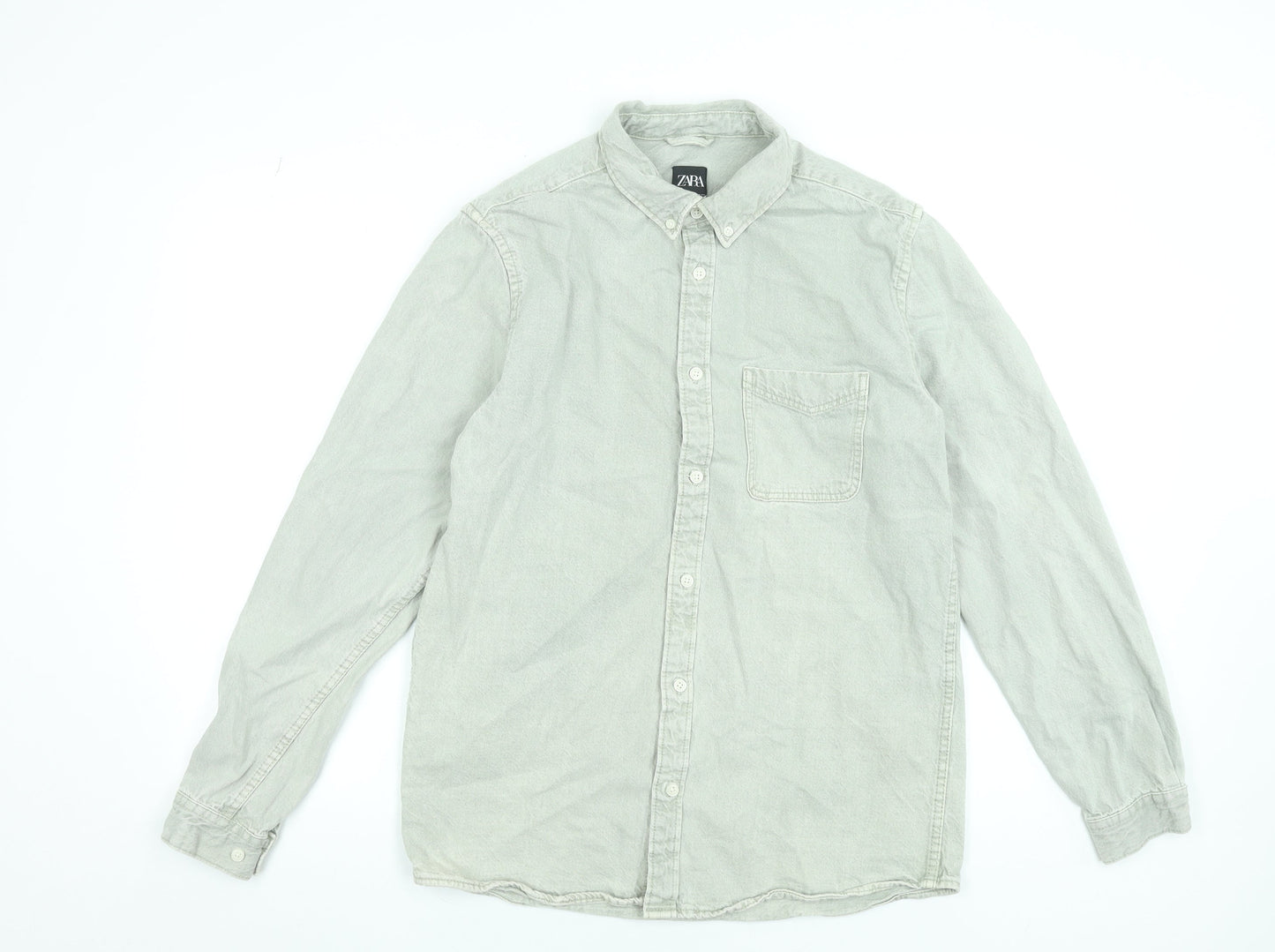 Zara Men Grey Button-Down Cotton Long Sleeve Shirt Size M