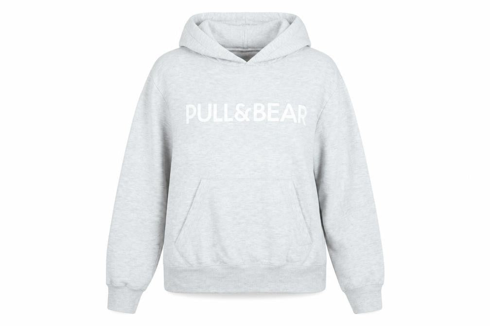 Pull & Bear Women Grey Hoodie Small Cotton Blend Logo Pullover