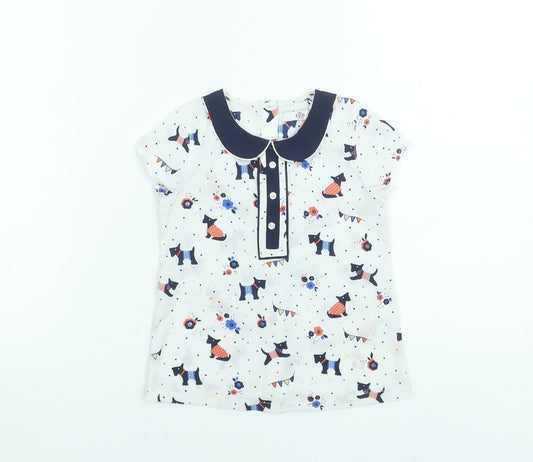 Marks and Spencer Girls White Dog Print Short Sleeve Blouse 3-4 Years