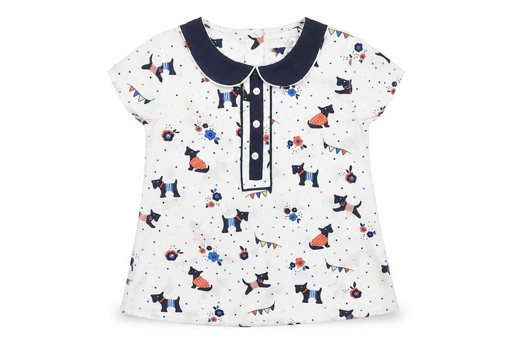 Marks and Spencer Girls White Dog Print Short Sleeve Blouse 3-4 Years