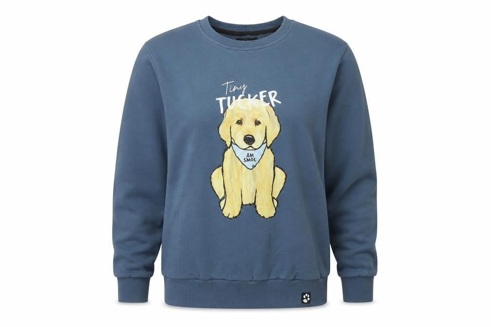 Tucker Budzyn Women's Blue Cotton Pullover Sweatshirt Size S Dog Print