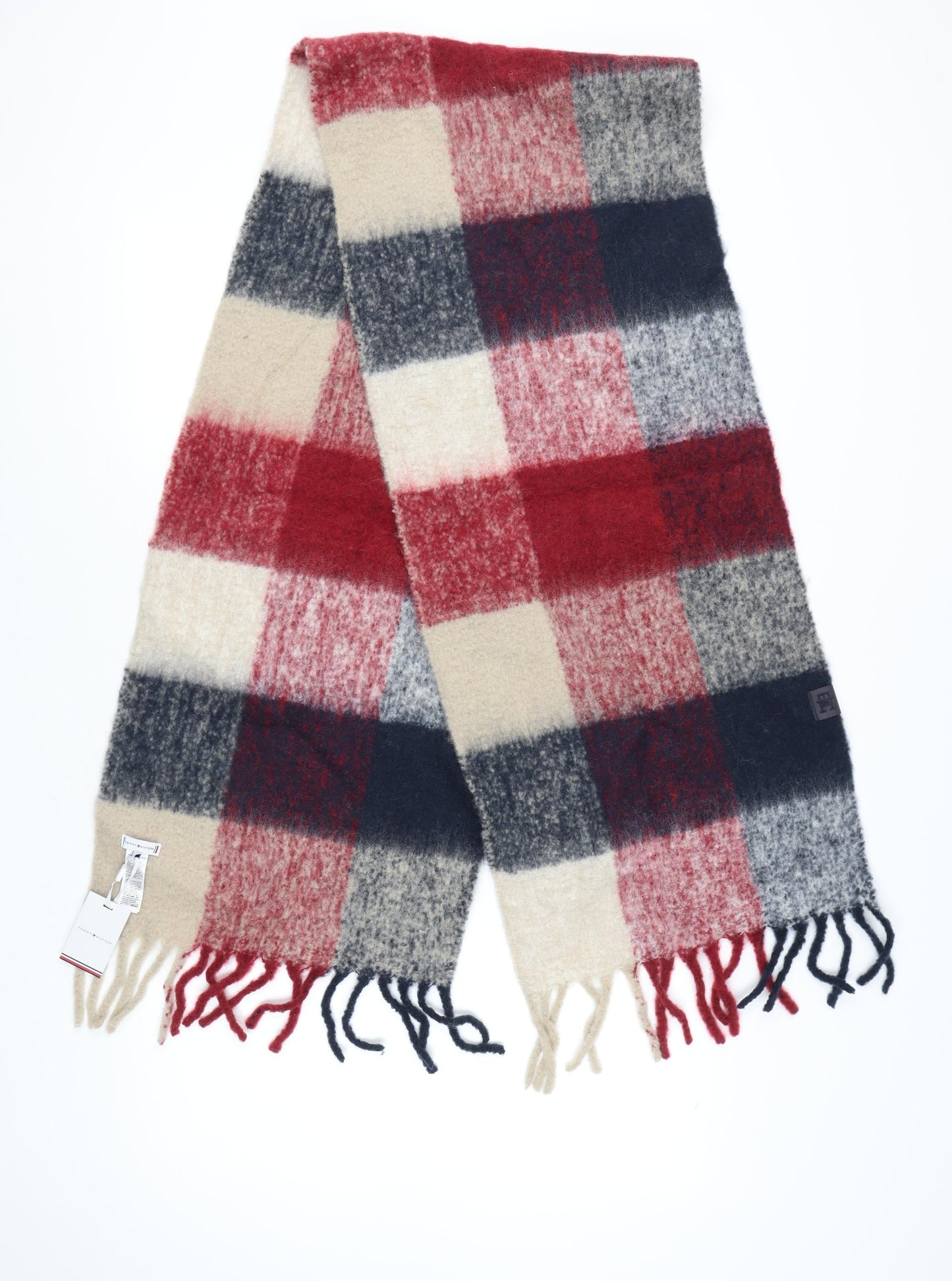 Tommy Hilfiger Women Beige Red Check Rectangle Scarf Wool Blend Winter