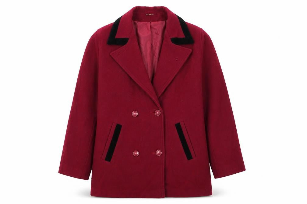 Vintage Women's Red Wool Pea Coat Size 16 Double-Breasted UK