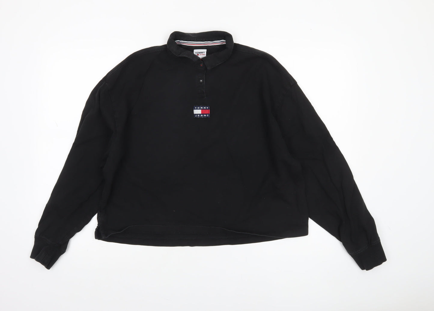 Tommy Jeans Women Black Cotton Henley Sweatshirt L Logo Pullover