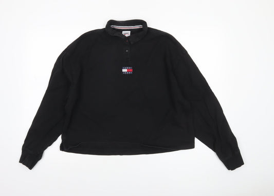 Tommy Jeans Women Black Cotton Henley Sweatshirt L Logo Pullover