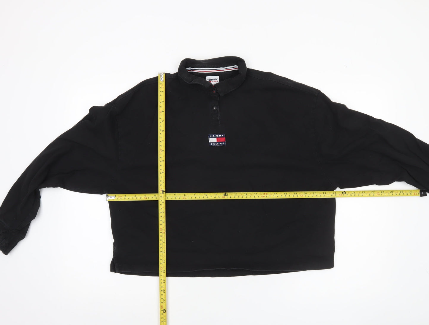 Tommy Jeans Women Black Cotton Henley Sweatshirt L Logo Pullover