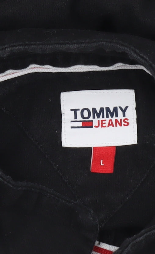 Tommy Jeans Women Black Cotton Henley Sweatshirt L Logo Pullover