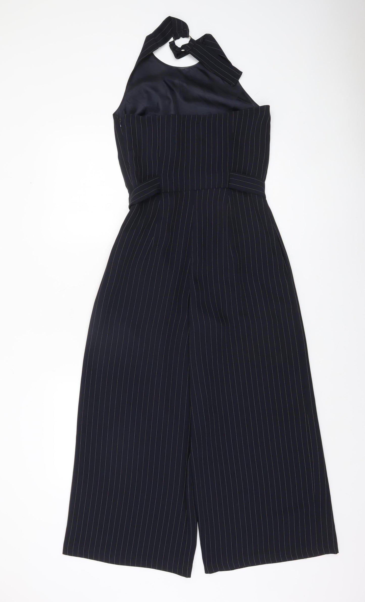 Warehouse Women's Black Pinstripe Halter Wide-Leg Jumpsuit Size 8