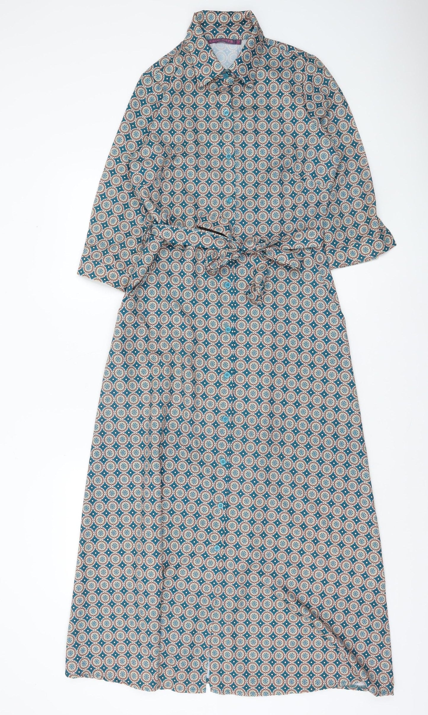 Kate & Pippa Blue Geometric Belted Long Shirt Dress Women XS