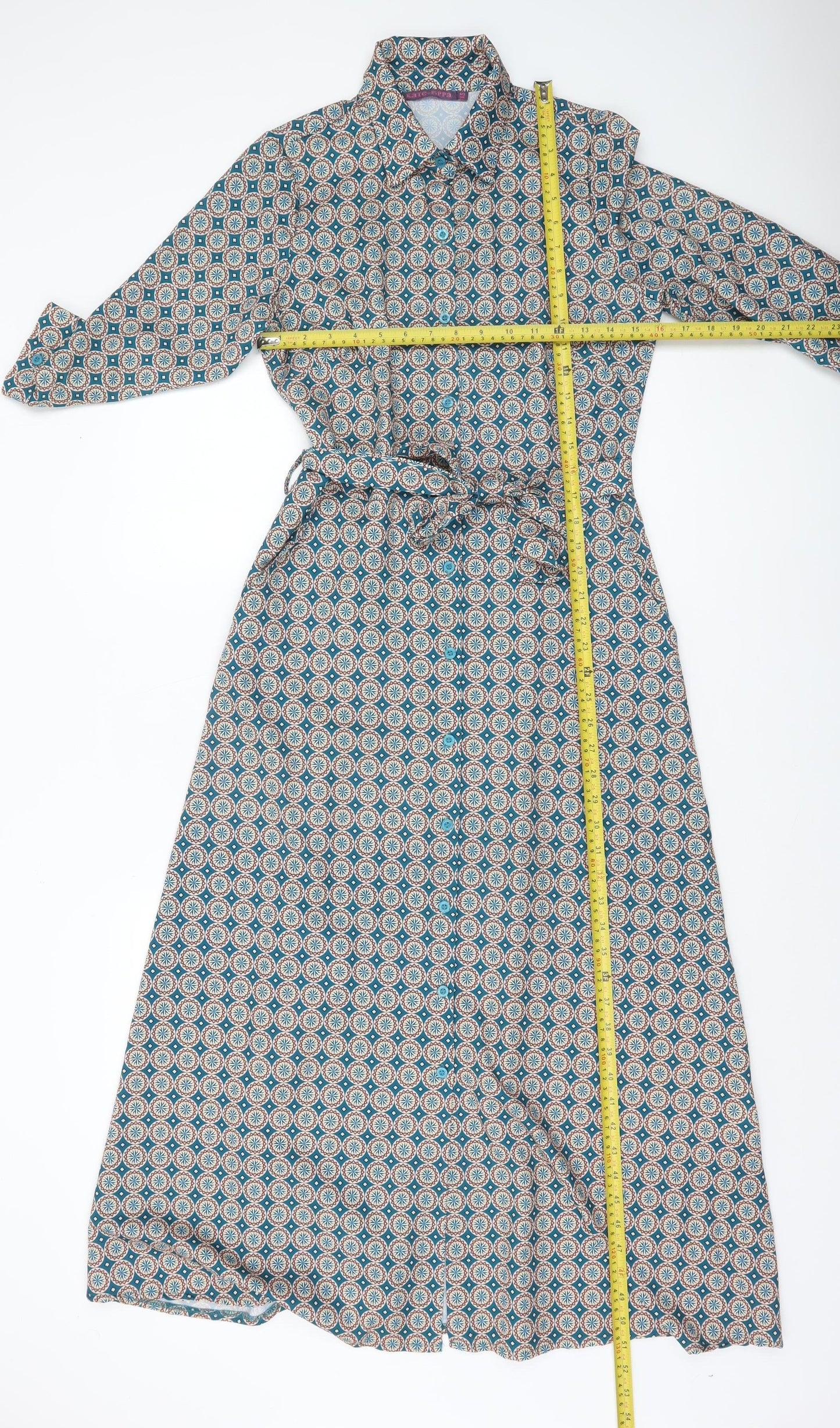 Kate & Pippa Blue Geometric Belted Long Shirt Dress Women XS